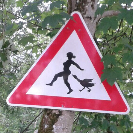 Dreieckiges Achtung-Schild, auf dem eine Ente eine nackte Frau jagt