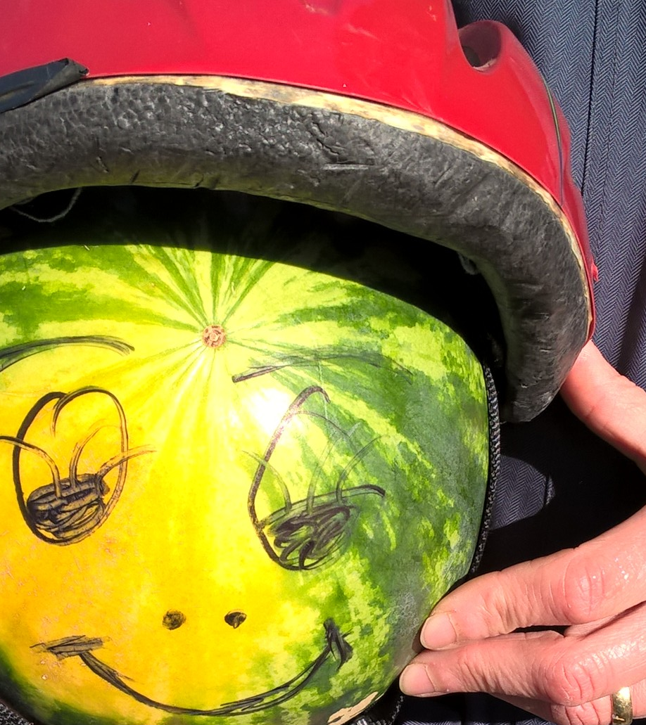 Eine Person hält eine Wassermelone mit einem Fahrradhelm